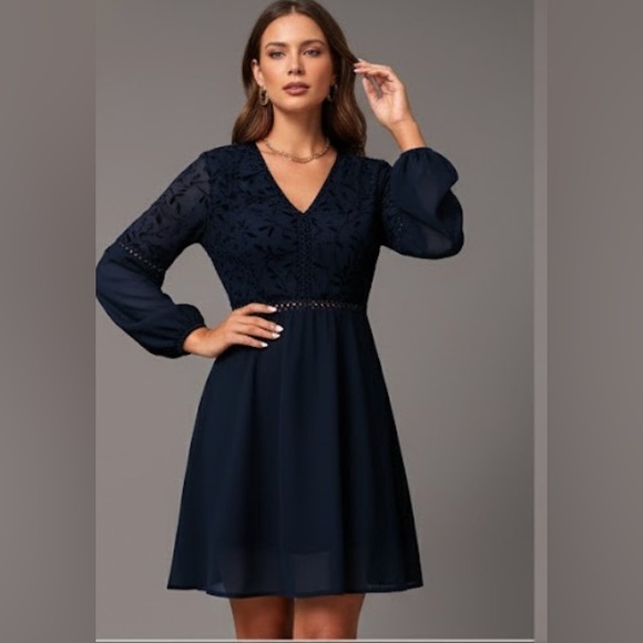 Guipure Lace Insert Lantern Sleeve Chiffon Dress Blue - Picture 3 of 12